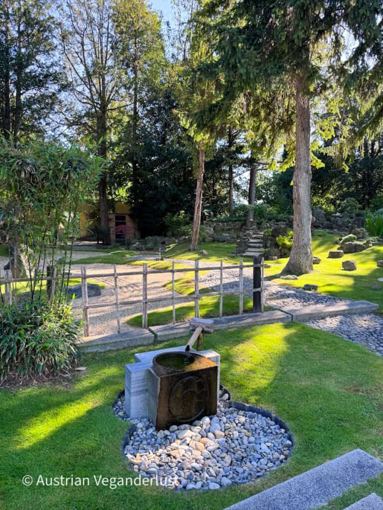 Ein traditionelles Wasserbecken aus Stein mit einem Bambusauslauf, eingebettet zwischen glatten Flusssteinen und sorgfältig geschnittenem Gras in einem japanischen Garten. Ein schlichter Holzzaun, gewundene Kieswege und hoch aufragende Bäume schaffen im Hintergrund eine ruhige und harmonische Kulisse.
