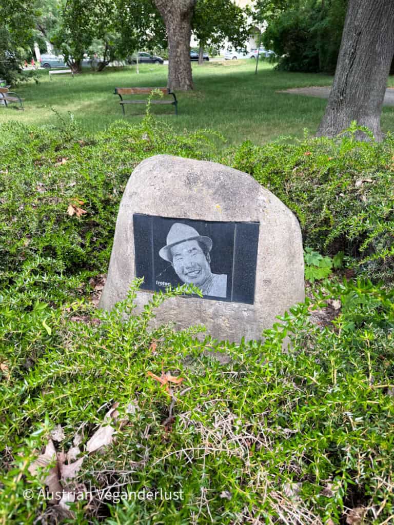 Ein großer Gedenkstein, der inmitten sorgfältig geschnittener Sträucher in einem Park steht, mit einem eingravierten Porträt eines lächelnden Mannes, der einen Hut trägt. Auf der Gedenktafel ist der Text „trottoir“ zu lesen, während Bänke, alte Bäume und eine Rasenfläche das Denkmal umgeben.