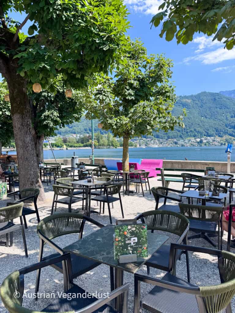Shaded outdoor cafe terrace beneath large leafy trees overlooking Lake Traunsee. Tables and chairs face the blue lake with forested mountains rising across the water.