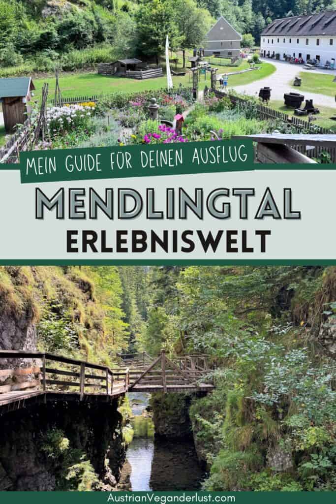 Collage der Mendlingtal Erlebniswelt mit einem bunten Bauerngarten und historischen Gebäuden sowie einem Holzsteg durch eine bewaldete Schlucht mit Bach. Der Text lautet "Mein Guide für deinen Ausflug Mendlingtal Erlebniswelt" und "AustrianVeganderlust.com".
