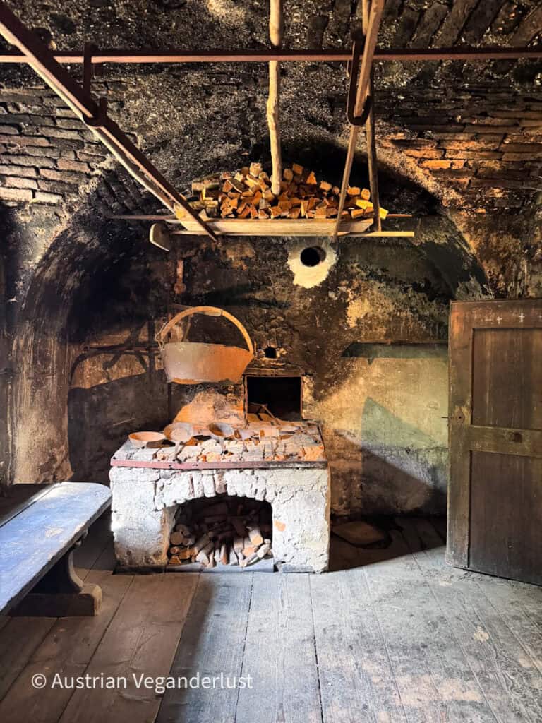 Dark historic workshop with a stone and brick hearth. A large metal cauldron hangs over the hearth while chopped firewood is stored above and below it.