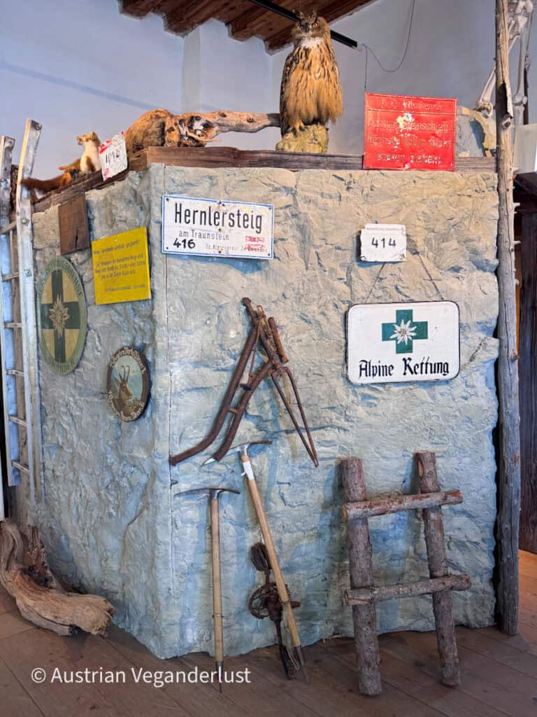 Rustic museum display of historic mountain rescue and climbing equipment mounted against a textured wall. An owl and other taxidermy animals sit above old tools and signs including "Hernlersteig am Traunstein 416" and "Alpine Rettung."
