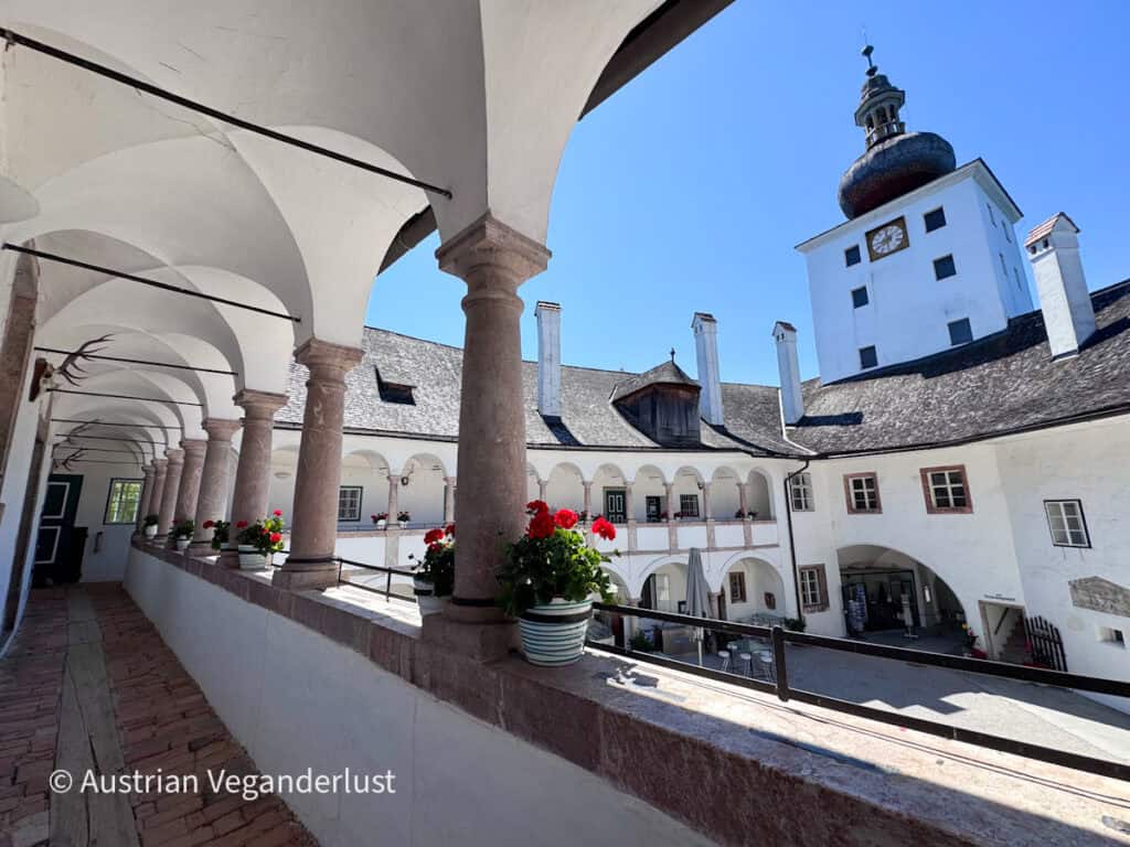 Sunlit courtyard surrounded by white arcades and stone columns with bright red flowers along the upper walkway. A white clock tower with a dark onion shaped dome rises above the historic building against a clear blue sky.