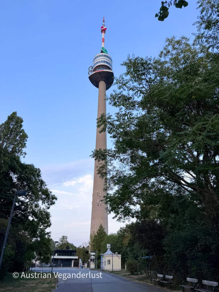 Donauturm rising high above surrounding trees against a pale blue evening sky. The slender concrete tower is topped by a circular observation structure and red and white antenna.