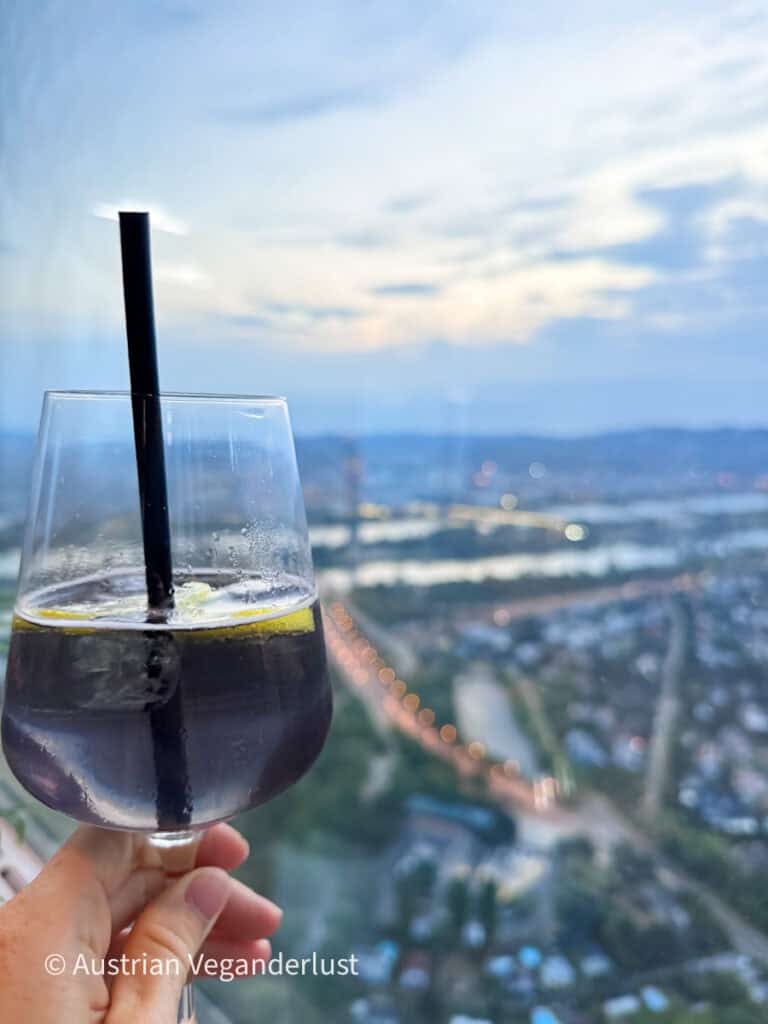 Eine Hand, die ein Glas mit einem klaren, sprudelnden Getränk mit Zitrone und einem schwarzen Strohhalm hält, vor einem Panoramablick über Wien. Die Donau und die Lichter der Stadt sind weit unten verschwommen.