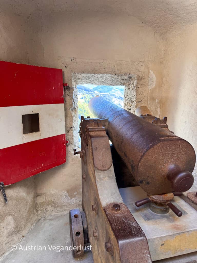 Eine große, verrostete historische Kanone ragt durch eine kleine rechteckige Öffnung in einer dicken Burgmauer. Neben der Kanone steht ein rot-weißer Holzfensterladen offen.