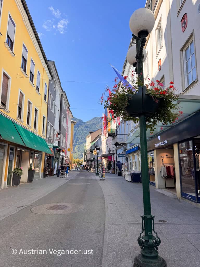 Pedestrian shopping street in Bad Ischl lined with pastel buildings and shop fronts. A green lamp post with hanging red geraniums stands in front of a store reading “TOM TAILOR”. Colorful flags hang above the street with a forested mountain at the end under a blue sky.